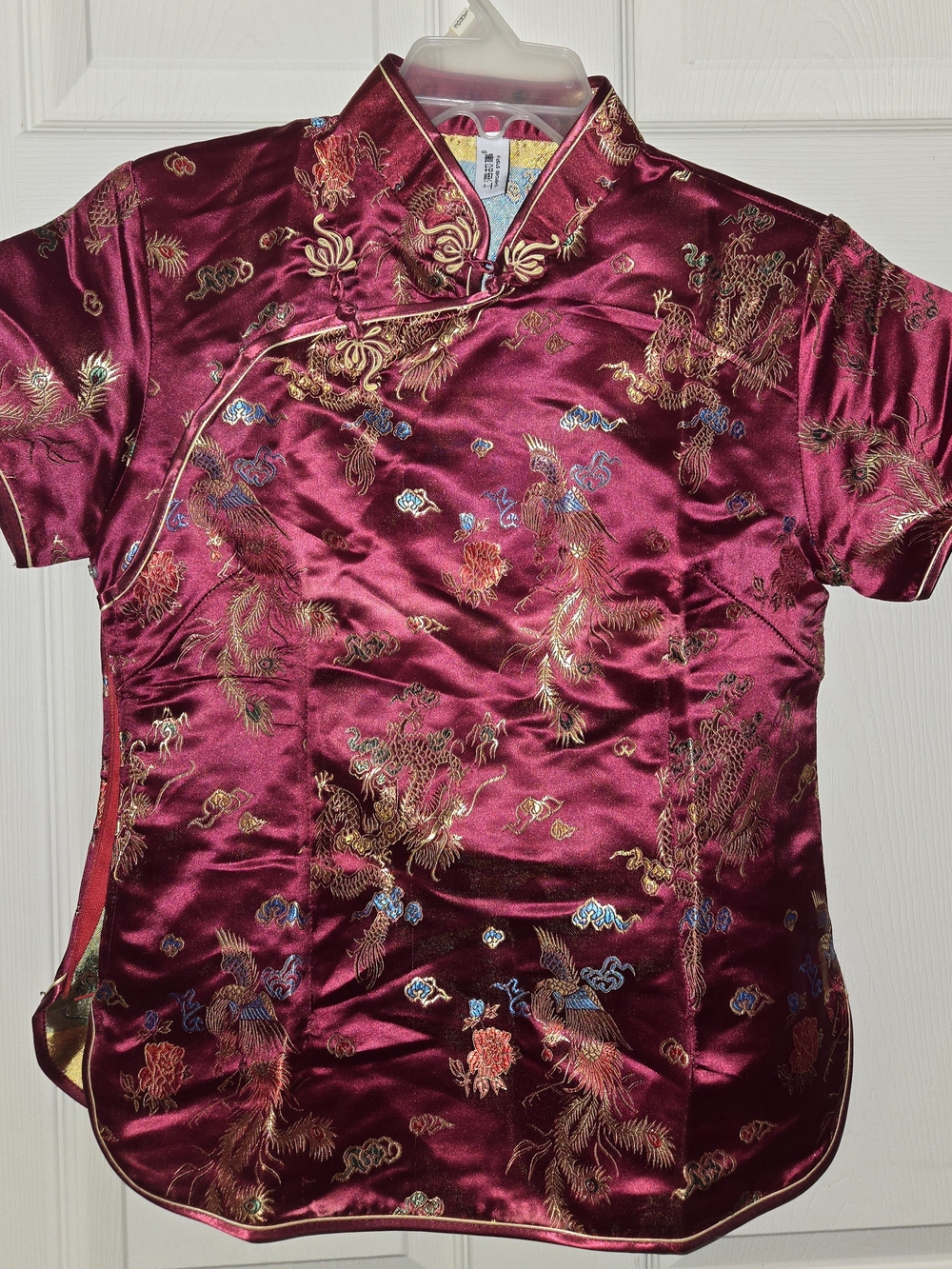 Women's Satin Mandarin Collar Shirt in Burgundy - Gold Embroidery